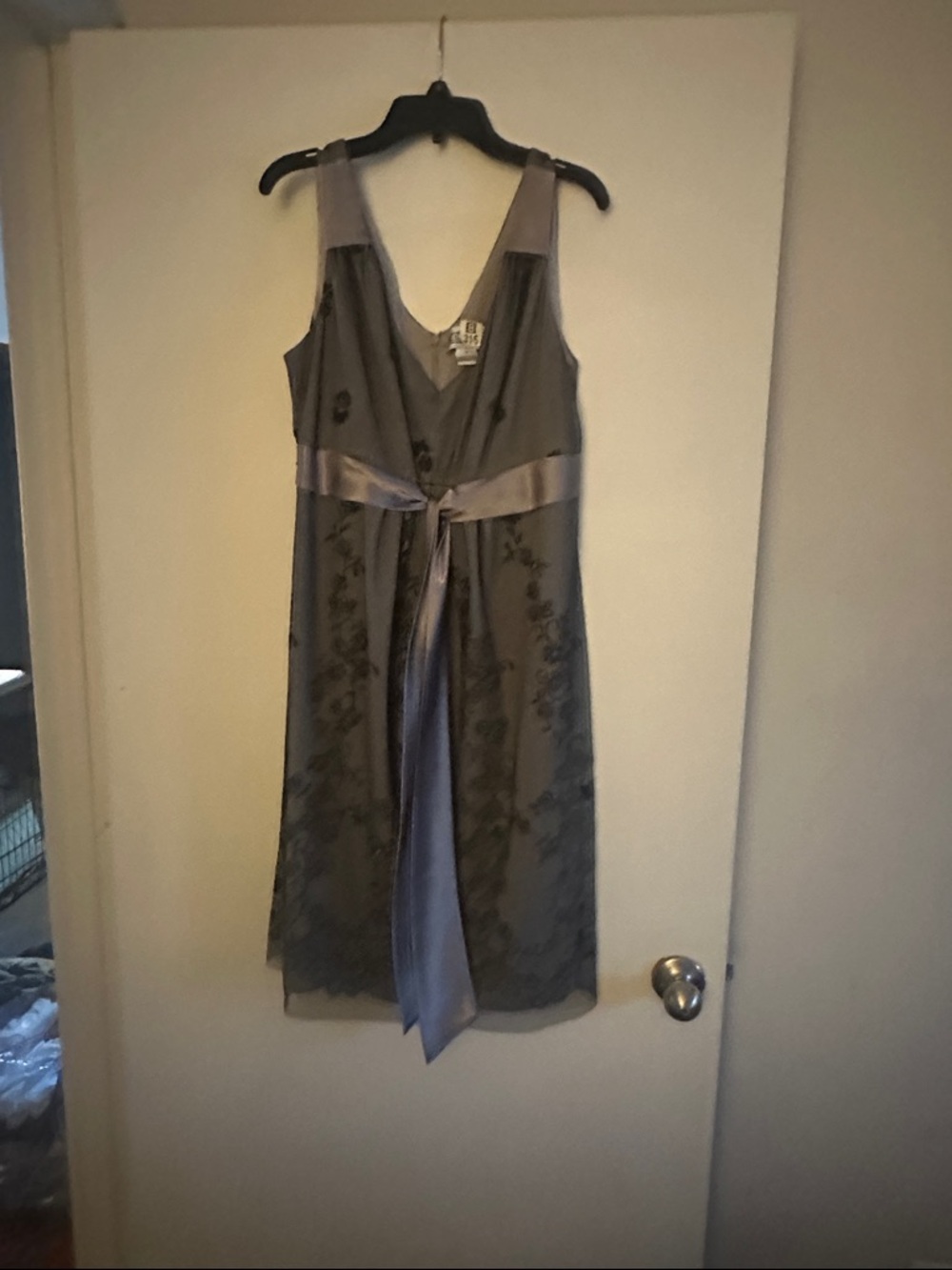 Sleeveless Gray Floral Embroidered Dress with Satin Sash